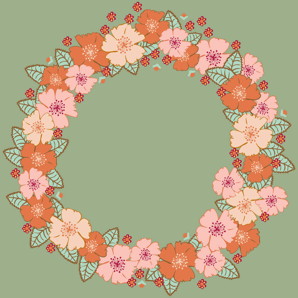 dog roses floral wreath illustration on green - Vector, Image