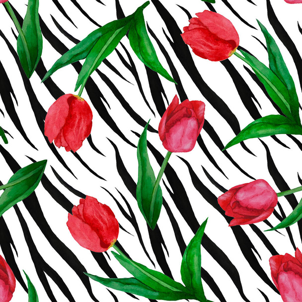 Watercolor seamless pattern with tulip flowers on animal background. Beautiful creative floral print. For surface design. - Fotó, kép