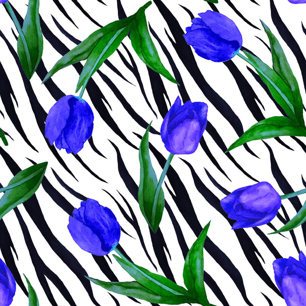 Watercolor seamless pattern with tulip flowers on animal background. Beautiful creative floral print. For surface design. - Foto, immagini