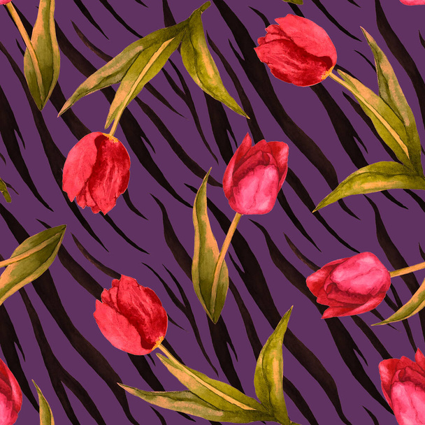 Watercolor seamless pattern with tulip flowers on animal background. Beautiful creative floral print. For surface design. - Photo, image