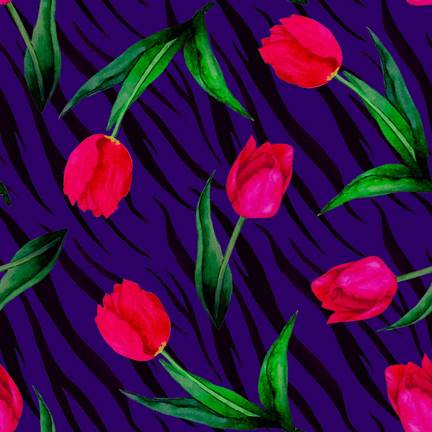 Patrón sin costuras de acuarela con flores de tulipán sobre fondo animal. Hermoso estampado floral creativo. Para el diseño de superficies
. - Foto, imagen
