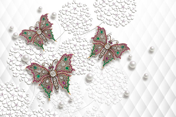 3d textura papel de parede, flores cultivadas, borboletas de jóias, pérolas sobre fundo abstrato branco
. - Foto, Imagem