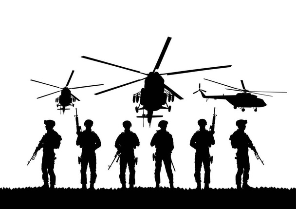 Soldati dell'esercito con fucile da cecchino in servizio silhouette vettoriale (Memorial Veterans day, 4 luglio Giorno dell'indipendenza) Il soldato vigila di guardia. Ranger al confine. Unita 'di comando. Equipaggio delle forze speciali
 - Vettoriali, immagini