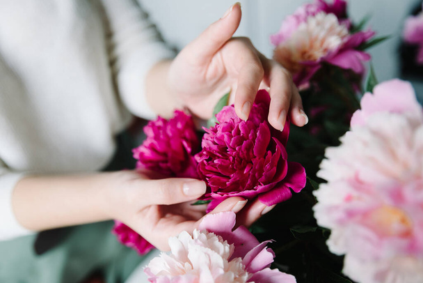 pink persian buttercup flowers in hands. Curly peony ranunculus - Foto, Imagen
