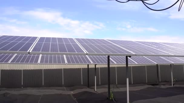Sun solar panels electricity sustainability of planet. Green energy for home. 4k video solar power plant business. Ecological clean energy. Blue panels on the ground.  - Felvétel, videó