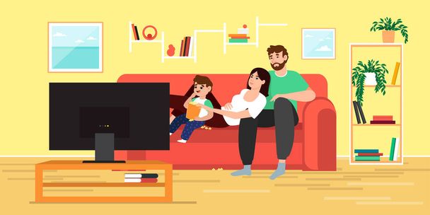 Сім'я дивиться телевізор і їсть попкорн вдома Векторні ілюстрації
 - Вектор, зображення