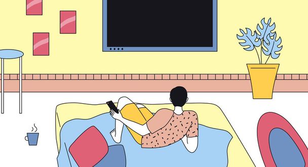Concept van tijd thuis doorbrengen. Jongeman ligt op bed en kijkt TV met een kop warme drank. Boy in a Cozy Relax Atmosphere Bekijk een film. Cartoon Linear Outline Platte Stijl. Vector Illustratie - Vector, afbeelding