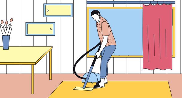 Cleaning Service Concept. Male Character With Vacuum Cleaner Clean Home Or Office. Cleaning Company Worker Doing Housework, Vacuuming Carpet. Linear Outline Cartoon Flat Style. Vector Illustration - Vector, Image