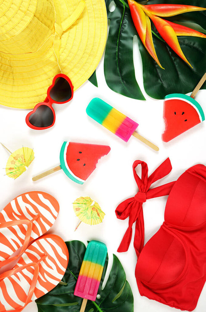 Summer vacation resort theme flat lay in bright summery colors. - Photo, Image
