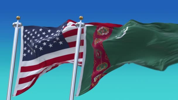4k Ηνωμένες Πολιτείες Αμερικής ΗΠΑ και Τουρκμενιστάν Εθνική σημαία φόντο. - Πλάνα, βίντεο