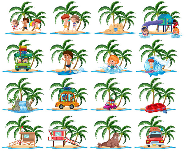 Groep vakantie-activiteiten op het tropische eiland cartoon karakter op witte achtergrond illustratie - Vector, afbeelding