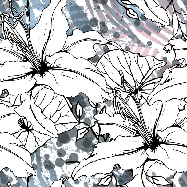 Floral Black White Pattern. Modern Watercolor - Vetor, Imagem