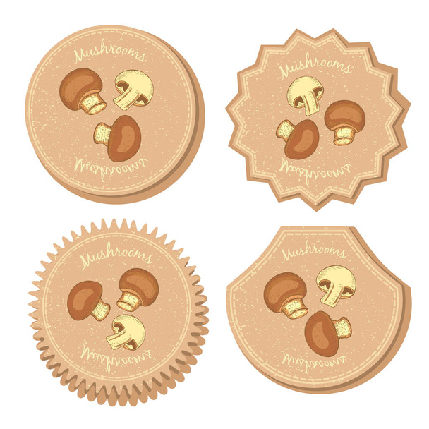 Set with Four Round Labels for Mushrooms - Wektor, obraz