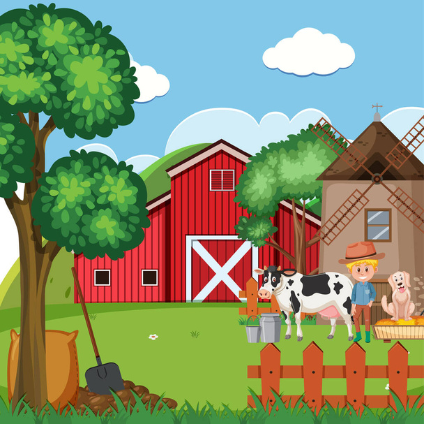 Escena de granja con granjeros y animales en la granja ilustración
 - Vector, imagen