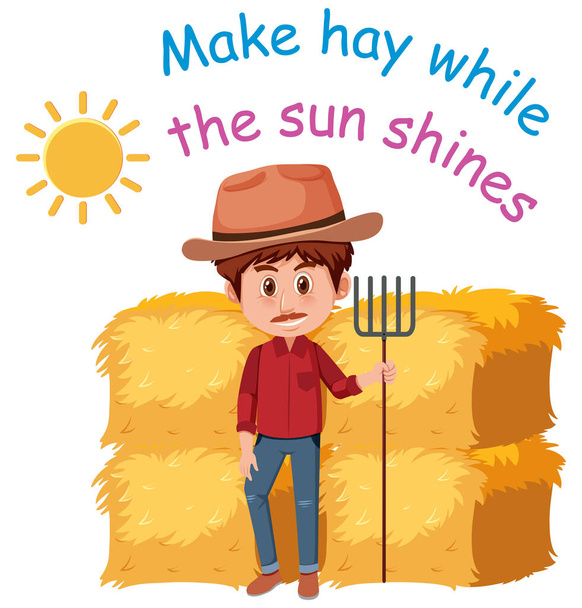 Inglese idioma con immagine descrizione per fare fieno mentre il sole splende su sfondo bianco illustrazione
 - Vettoriali, immagini