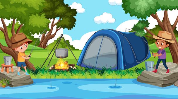 Scene with happy boys fishing by the river illustration - Vector, Image