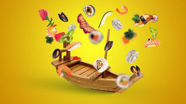 Flying sushi set table ship japan food sashimi salmon tuna rice delicious - Photo, Image