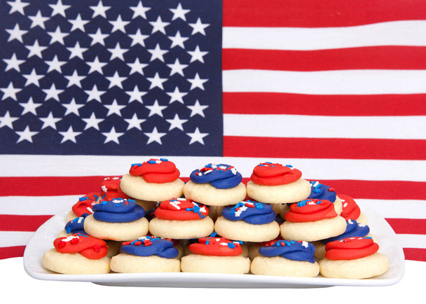 Dikdörtgen porselen kaplama şekerli kurabiyelerin üzerine şekerleme serpiştirilmiş Amerikan Bayrağı 'nın önünde. Vatansever kurabiyeler. - Fotoğraf, Görsel
