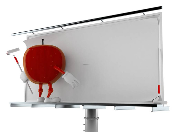 Apple karakter üres hirdetőtáblával elszigetelt fehér háttér. 3d illusztráció - Fotó, kép