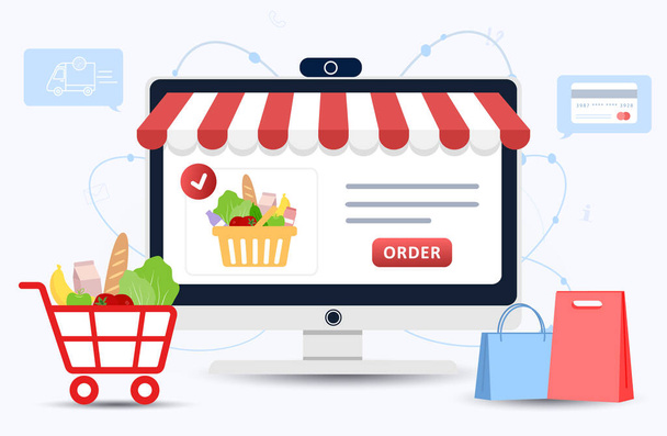 Online food order. Grocery delivery. The product catalog on the web browser page. Shopping boxes. Stay at home. Quarantine or self-isolation. Modern vector illustration in flat style. - Vector, Image