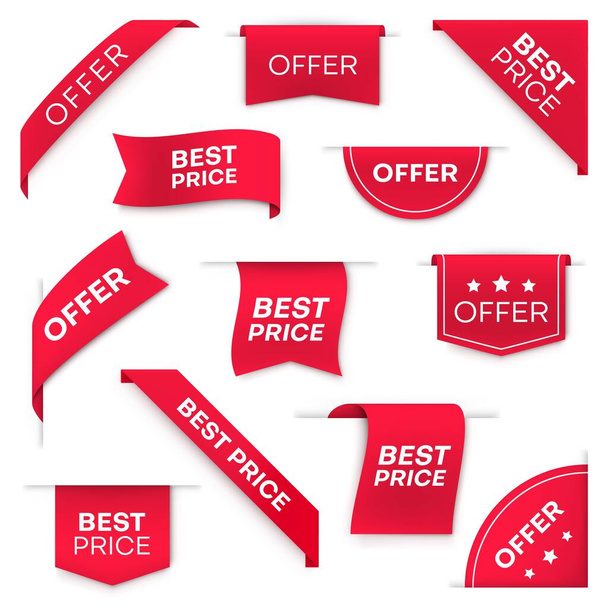 Best price, special offer vector banners or labels. Red ribbon, bookmark for web page and corners, arrow and round price tags. Sale promotion, business offer banners 3d realistic design elements - Vector, Image