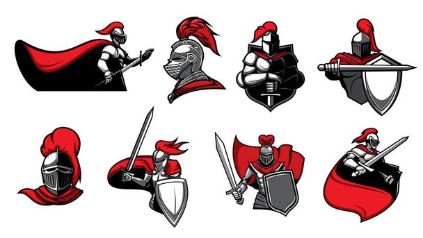 Średniowieczni rycerze z mieczami, odizolowane ikony wektora heraldycznego. Wojownicy, paladyn lub strażnicy z ostrzem w zbroi i pelerynie. Heraldyczne symbole królewskiego rycerza w hełmie z czerwonym upierzeniem, starożytny żołnierz - Wektor, obraz