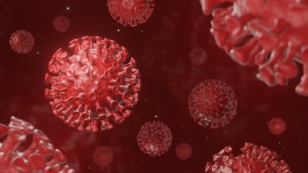COVID-19, коронавірус у крові під мікроскопом. Вірус Flying Corona, вірус грипу, небезпечна клітина на червоному фоні на 3D рендерингу, анімація під інфікуванням, медична, пандемія, концепція здоров'я - Кадри, відео