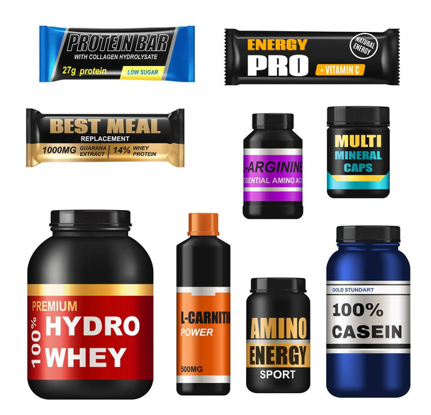 Sport nutrition realistic jars, isolated 3d vector protein supplements. Set of sports food bottles and low sugar protein bars. Fitness nutrition, vitamines, l-carnitne, caseine capsules and hydro whey - Vector, Image