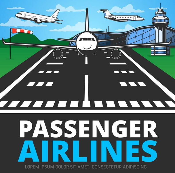 Runway with landing plane vector poster. Airplane alight or take off from airstrip in airport with terminal building, flying aircrafts and control tower. Commercial aviation service, aerodrome hub - Vector, Image