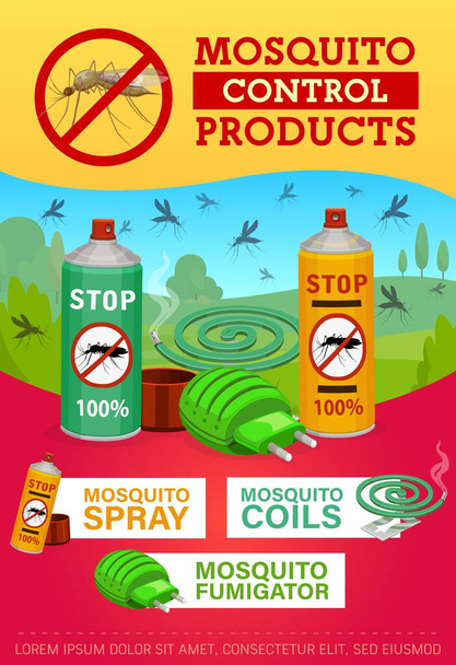 Kártevőirtók, szúnyogirtók. Otthon rovarok fertőtlenítés és egészségvédelem. Szúnyogfertőtlenítő szerszámok, elektromos riasztószer, tekercsspirál és aeroszol. Pestiskontroll vektor poszter - Vektor, kép