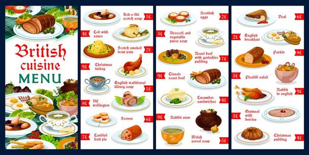 Britain cuisine menu template vector meals kok-e-liki scotch soup, cod with sauce, scotch smoked trout plate, christmas turkey, english traditional kidney soup, beef wellington, English food dishes - Vector, Image