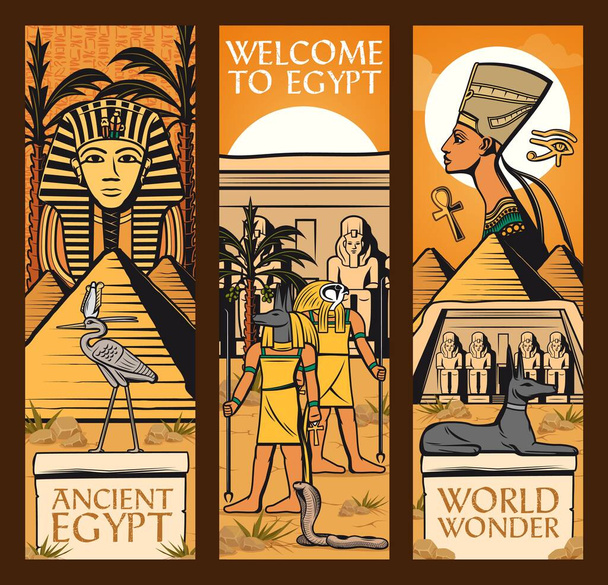 Az ókori Egyiptom zászlói. Vektor Nagy gízai piramisok, Szfinx és ankh szimbólum, Anubisz, szkarabeusz, Hórusz, Tutanhamon és Nefertiti szeme, Bennu isten vagy gémmadár Ra, kobra, kutya és macska, Abu Simbel templom - Vektor, kép