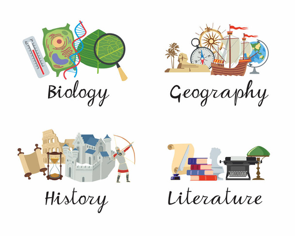 Eine Reihe akademischer Disziplinen. Biologie, Geographie, Geschichte, Literatur für Schulhefte. Vektor-Farbgrafik - Vektor, Bild