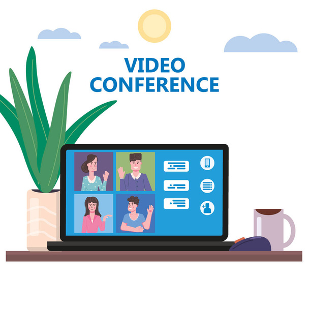 Videokonferenzmenschen am Computer-Bildschirm-Laptop, die per Internet in Videokonferenz, Chat, UI-Software sprechen. Online-Besprechungsteam, das von zu Hause aus arbeitet. Vektor - Vektor, Bild