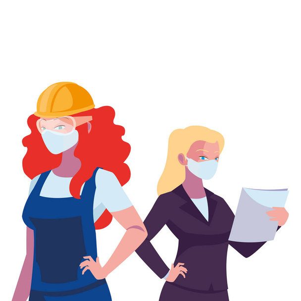 ipari női munkavállalók arcmaszkkal - Vektor, kép