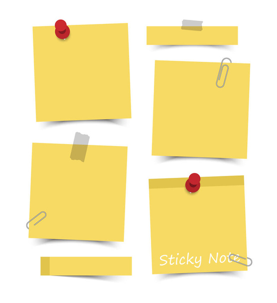 Плоский дизайн желтый цвет липкие ноты с красной булавкой, клейкой лентой и скрепкой бумаги на белом фоне доски. Вектор
 . - Вектор,изображение