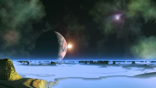 二つ星の衝突。エイリアンの惑星の暗い星空、巨大な月と星雲の上に。2つの明るい物体(ufo)は、互いに会い、衝突し、明るく点滅します。山の厚い青い霧の中に立つ. - 映像、動画
