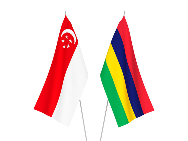 National fabric flags of Republic of Mauritius and Singapore isolated on white background. 3d rendering illustration. - Photo, Image