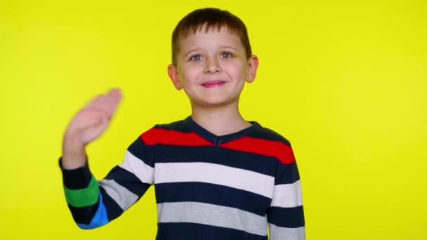 Hello or bye. Cheerful little boy smiles, waves his hand at the camera - Footage, Video