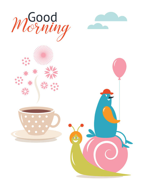 Greeting card design. Good morning card . Children illustrations style. Gift card. Bird on snail - Wektor, obraz
