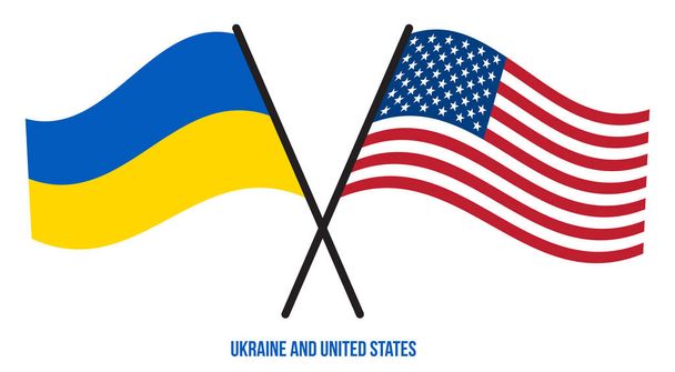 Oekraïne en de Verenigde Staten vlaggen overgestoken en zwaaien Flat Style. Officiële proportie. Juiste kleuren. - Vector, afbeelding
