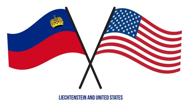 Lihtenştayn ve Birleşik Devletler Bayrakları Çapraz ve Dalgalanan Düz Stil. Resmi Orantı. Renkleri Düzelt. - Vektör, Görsel