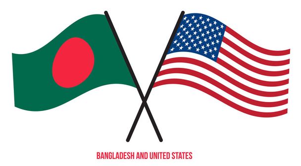Drapeaux du Bangladesh et des États-Unis croisés et agitant le style plat. Proportion officielle. Couleurs correctes
. - Vecteur, image