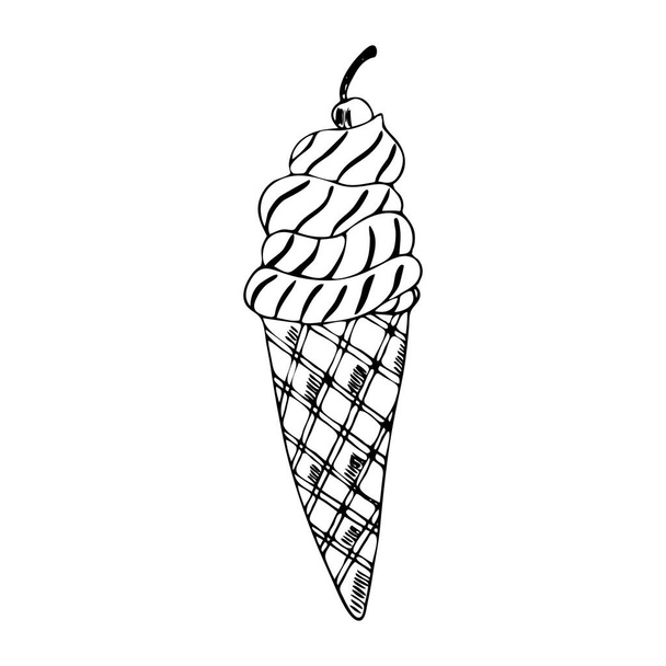 Hand drawn ice cream in the cone. Vector illustration isolated on white background - Vektori, kuva