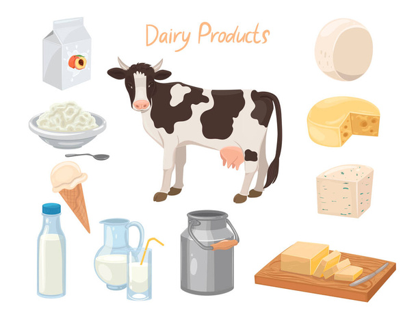 Sada mléčných výrobků a kráva Izolovaná na bílém pozadí. Vektorový obrázek - Vektor, obrázek