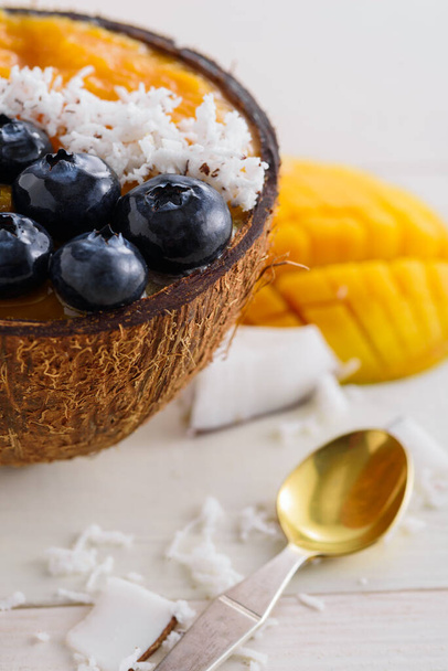 dessertmango sherbet met bosbessen, kokoschips in kokosnoot kom op witte achtergrond, smoothie bowl concept, verticaal - Foto, afbeelding