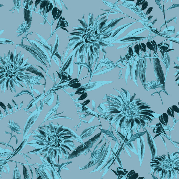 Watercolor seamless pattern with blooming chrysanthemums. Decorative floral background. Vintage floral print. - Fotografie, Obrázek