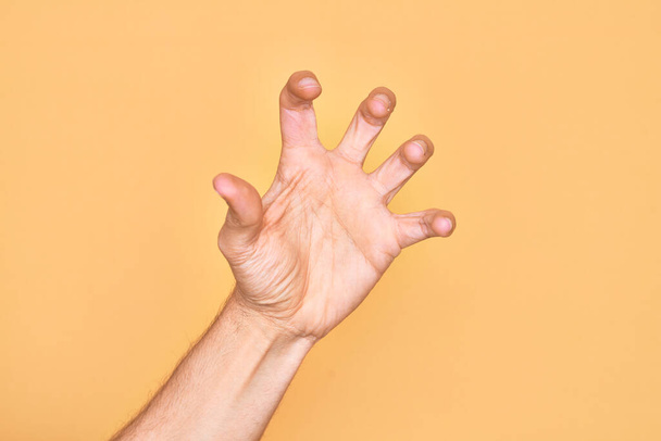 Hand van Kaukasische jonge man met vingers over geïsoleerde gele achtergrond grijpen agressief en eng met vingers, geweld en frustratie - Foto, afbeelding