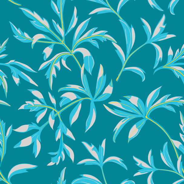 Trendy floral background of twigs with leaves scattered random in sky blue colors - Vektor, kép