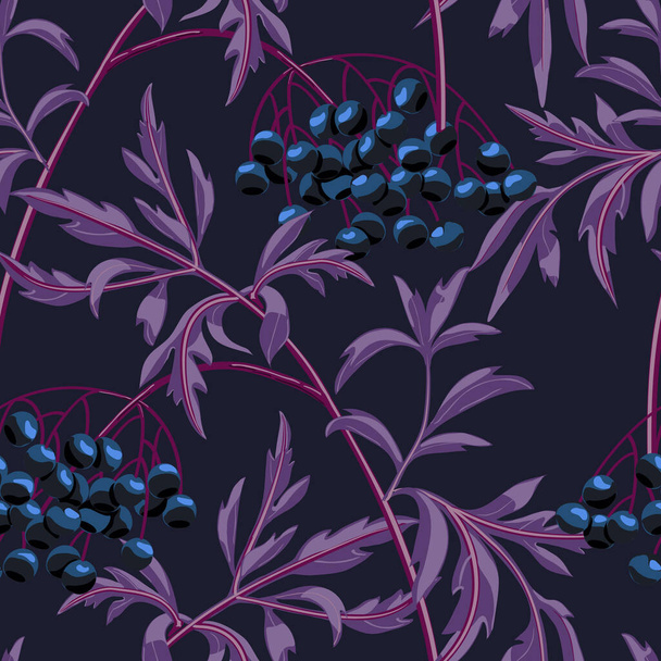 Black elderberry branch with berries and leaves on navy blue background. Vector seamless pattern. - Vektör, Görsel